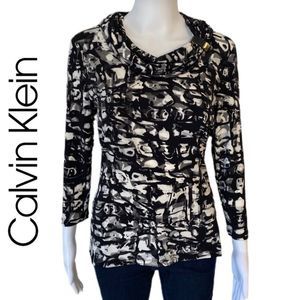 Calvin Klein Black & White Long Sleeve Cowl Neck Top